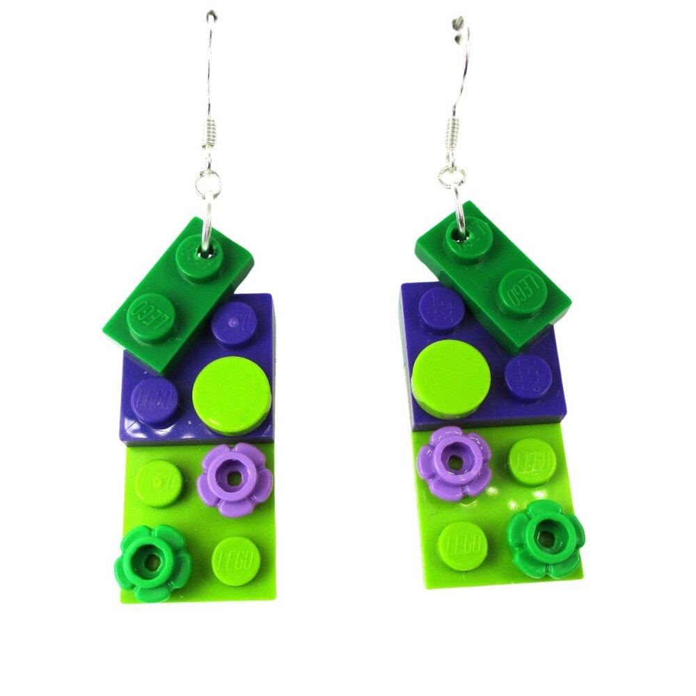 Green & Purple Lego Brick Designer Earrings, Nickel Free, Sterling Silver Plated